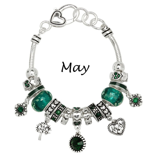 Birthstone Bracelet Multi-Color Charm Beads Silvertone