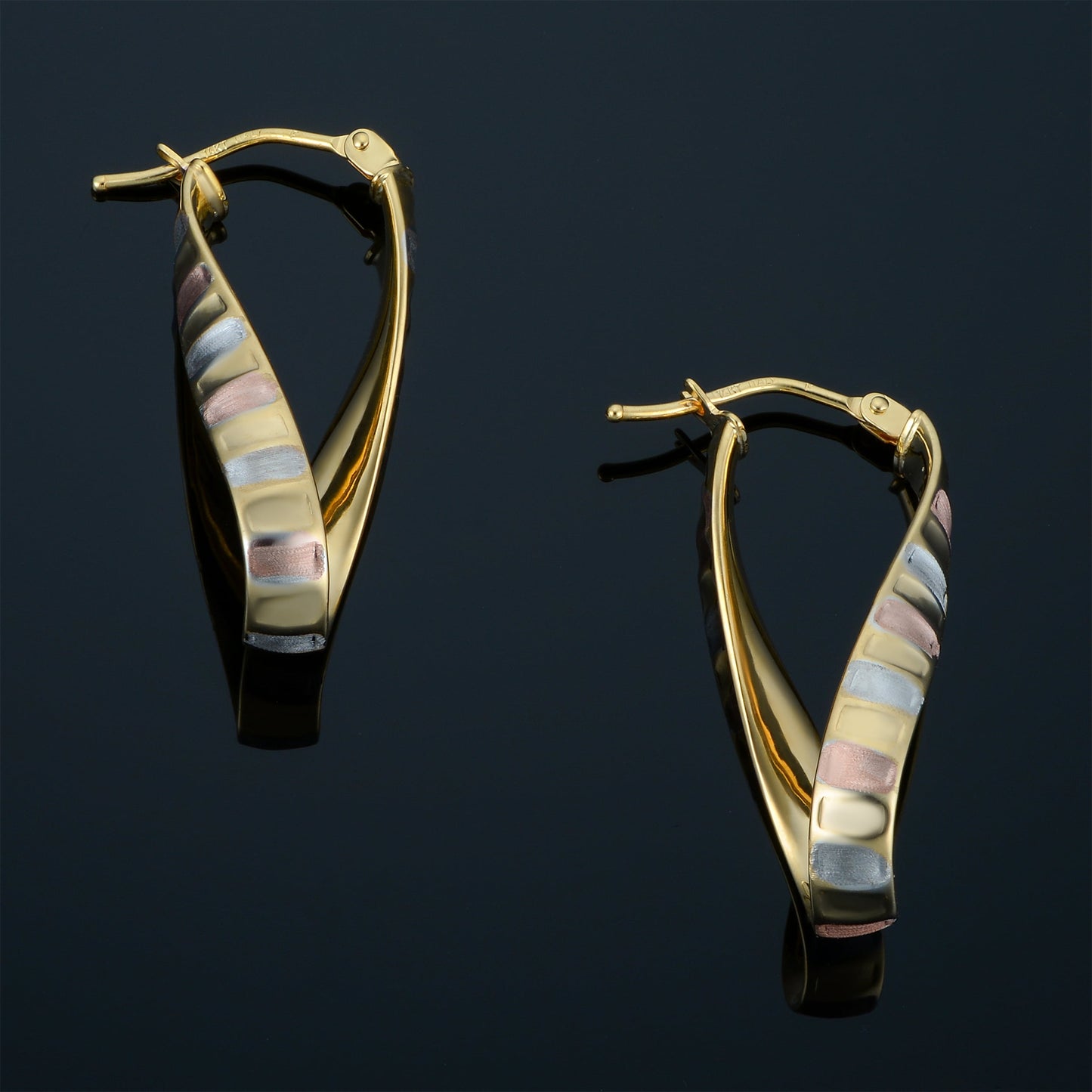 Kooljewelry 14K Tricolor Gold Scalloped Twisted Oval Hoop Earrings
