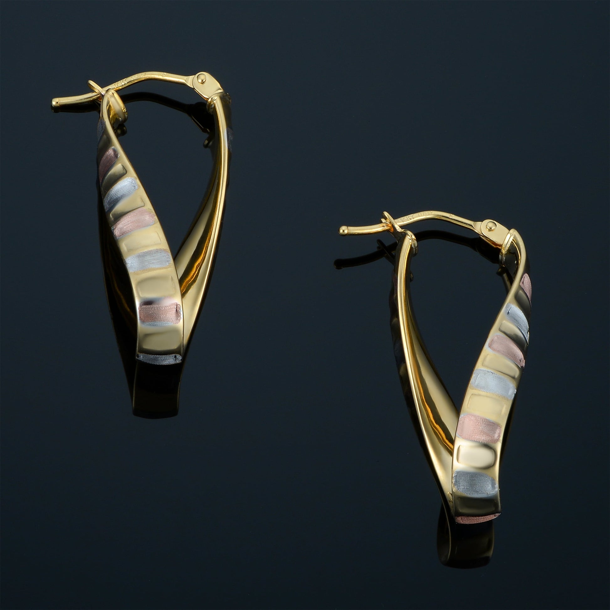Kooljewelry 14K Tricolor Gold Scalloped Twisted Oval Hoop Earrings