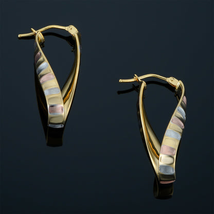 Kooljewelry 14K Tricolor Gold Scalloped Twisted Oval Hoop Earrings