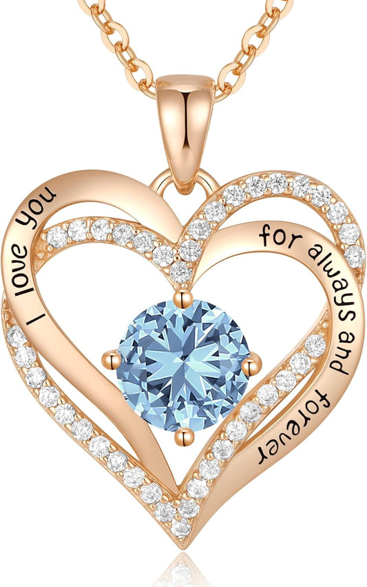 Forever Love Heart Necklaces for Women, Wedding Anniversary, Birthday Mothers Day Gifts for Mom, Mother, Wife, Girlfriend, S925 Silver Jewelry with Birthstone Pendant
