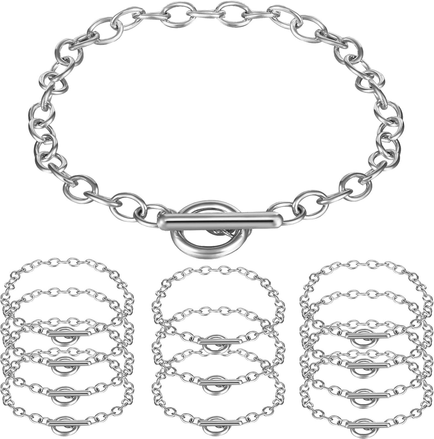 12 Pieces Chain Bracelets for Jewelry Making Alloy Metal Plated Link Bracelet Chains Kit with Ot Toggle Clasps Charms Minimalist Jewelry for Men Women Diy(Silver)