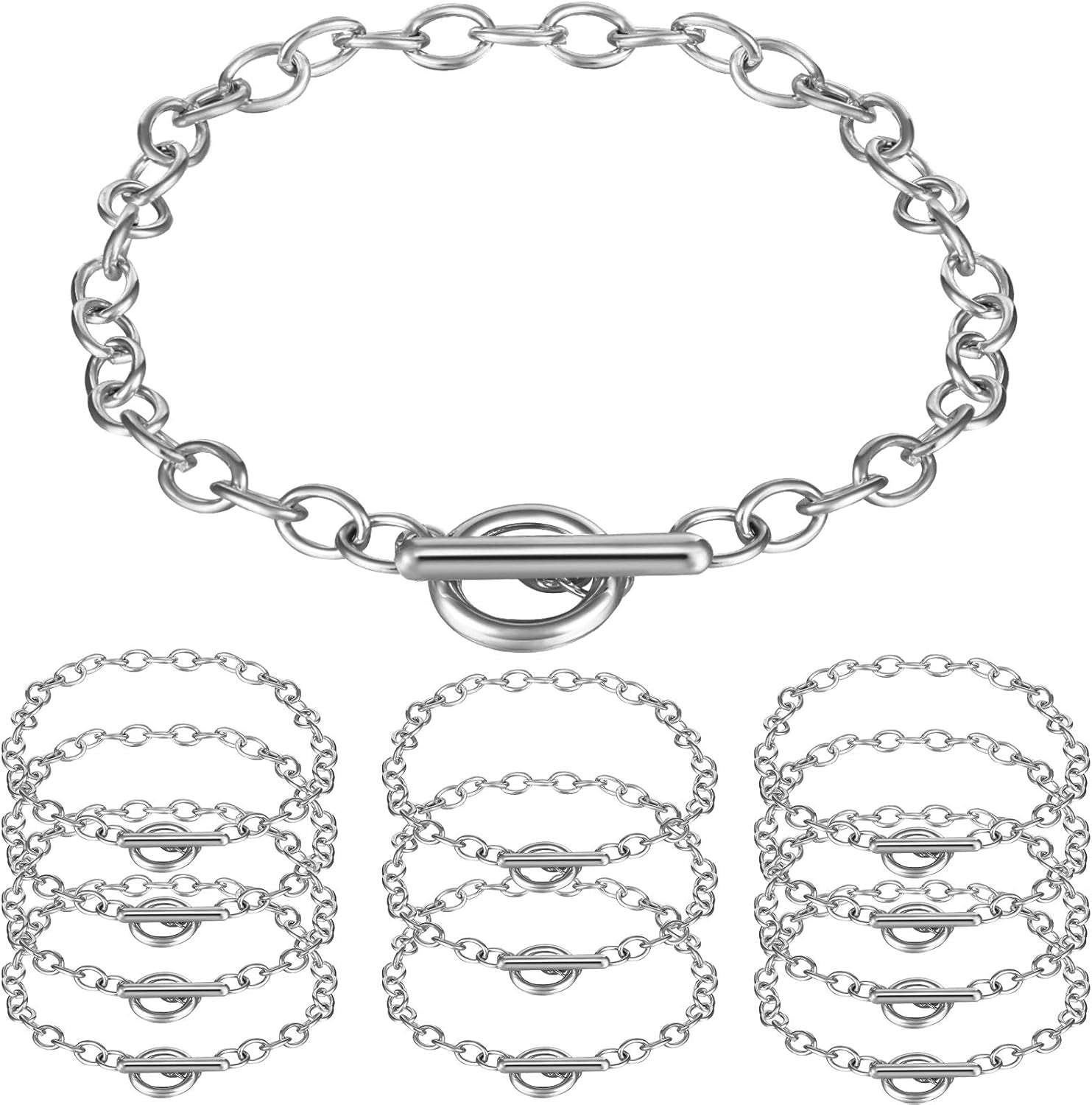 12 Pieces Chain Bracelets for Jewelry Making Alloy Metal Plated Link Bracelet Chains Kit with Ot Toggle Clasps Charms Minimalist Jewelry for Men Women Diy(Silver)