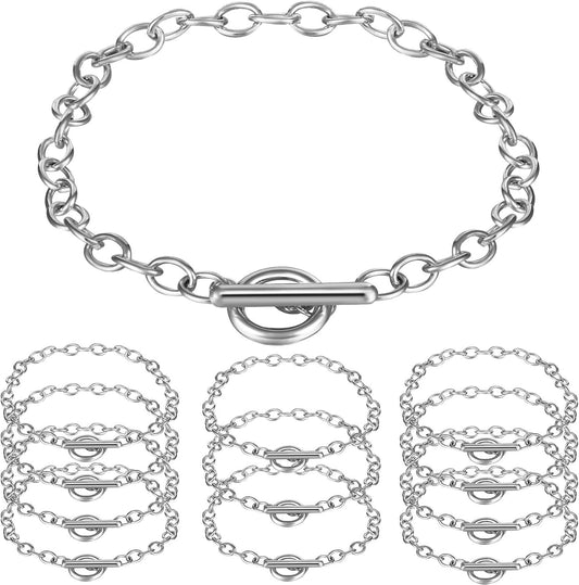12 Pieces Chain Bracelets for Jewelry Making Alloy Metal Plated Link Bracelet Chains Kit with Ot Toggle Clasps Charms Minimalist Jewelry for Men Women Diy(Silver)