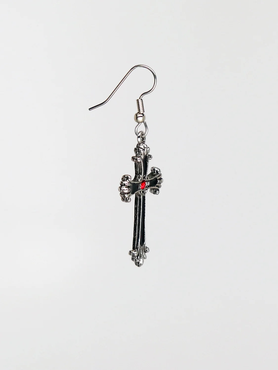 Gothic Victorian Cross Silver Finish Pewter Dangle Earrings with Red Austrian Crystals by Real Metal #1003