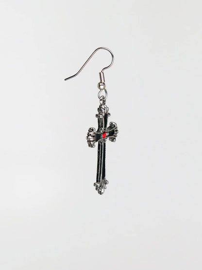 Gothic Victorian Cross Silver Finish Pewter Dangle Earrings with Red Austrian Crystals by Real Metal #1003