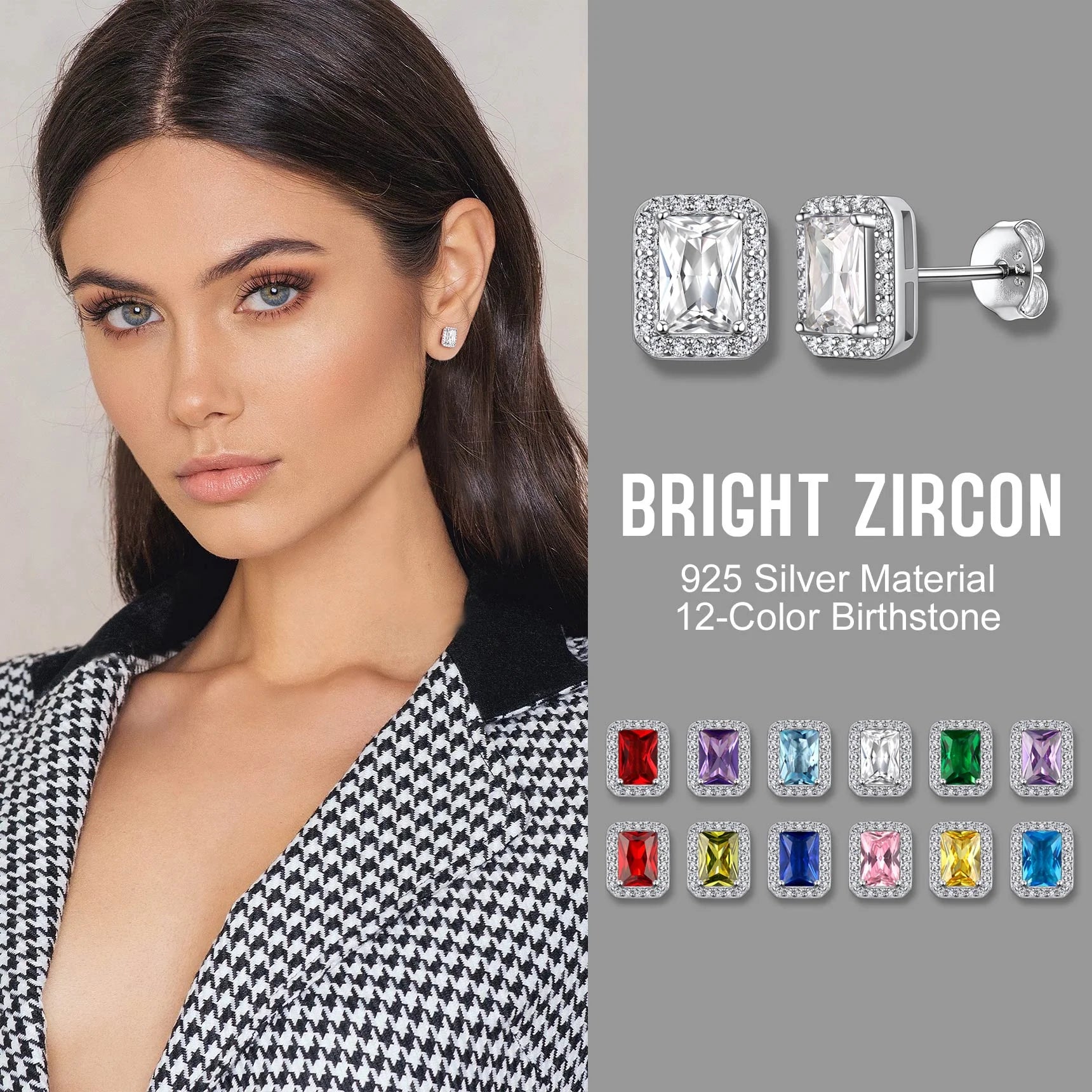 Square Stud Earrings April Diamond Birthstone Earrings, Sterling Silver Earrings Birthday Jewelry Gift for Women