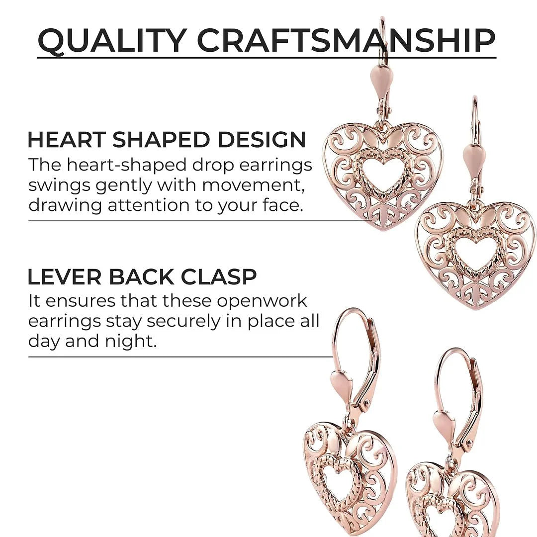 14K Rose Gold Plated Heart Drop Earrings for Women 925 Sterling Silver Lever Back Filigree Jewelry Birthday Gifts for Women
