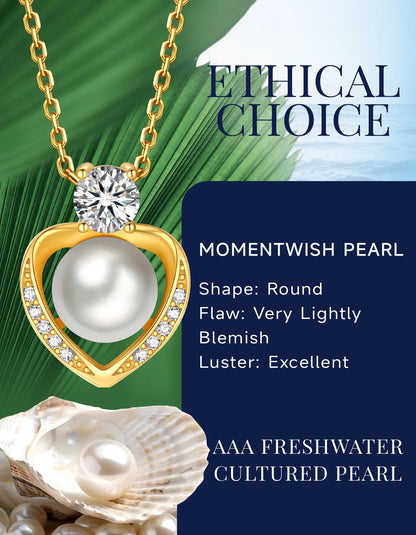 14K Gold Plated Silver Pearl Pendant Necklace,Round Cut Simulated Diamond Heart Necklace Anniversary Wedding Gift for Her