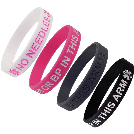 4 PACK - Lymphedema Alert "NO NEEDLES or BP THIS ARM" Wristbands
