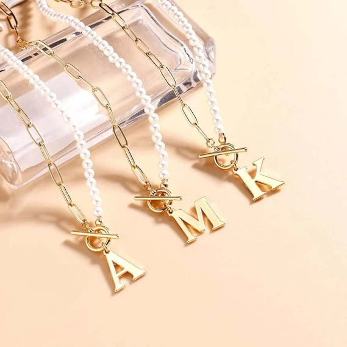 Gold Initial Pearl Necklace for Women, 14K Gold Plated Paperclip Link Chain Necklace Initial Pendant Necklaces A-Z English Alphabet Necklace Jewelry Gifts