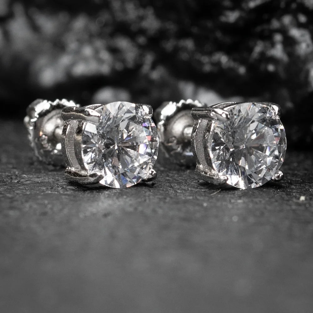 White Gold Plated 925 Sterling Silver Flower Small Brilliant round Solitaire Unisex Iced Cz Hip Hop Hypoallergenic Men'S Women'S Circle Screw Back Cubic Zirconia Stud Earrings
