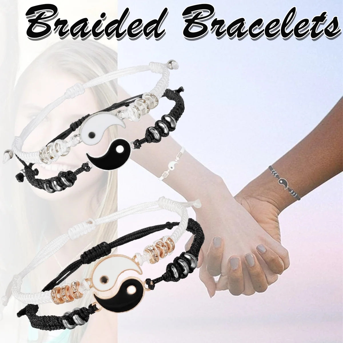 Couple Bracelets for 20 Matching Yin Yang Adjustable Cord Bracelet for Bff Friendship Relationship Boyfriend Girlfriend Valentines Gift (Silver)