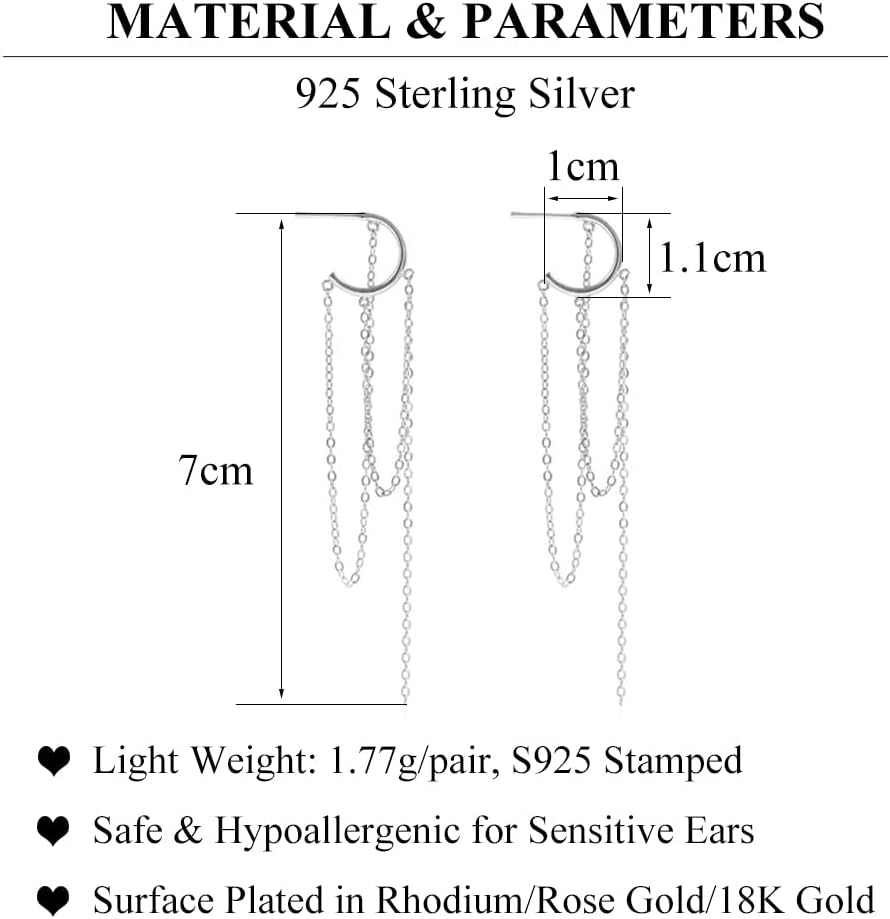 925 Sterling Silver Dangle Earrings Tassel for Women Elegant Dangling Earrings Chain Threader Earrings