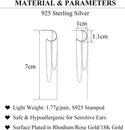 925 Sterling Silver Dangle Earrings Tassel for Women Elegant Dangling Earrings Chain Threader Earrings