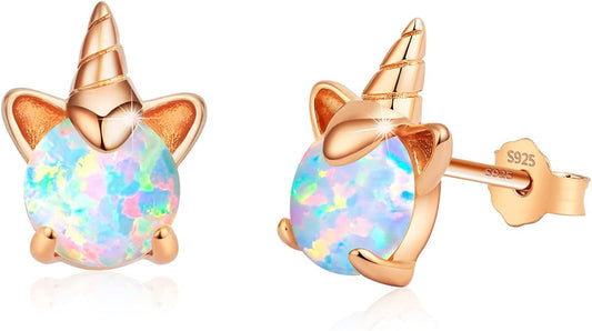 Unicorn Earrings for Girls, Hypoallergenic Fire Opal Stud Earrings  S925 Sterling Silver with Gold Mini Tiny Cute Earring Jewelry Gifts for Kids Women
