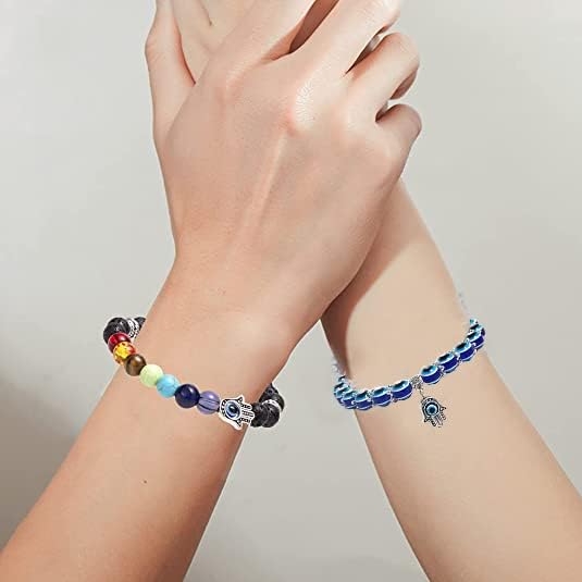 2Pcs Evil Eye Bracelets Hamsa Hand Fatima Beaded Charm Bracelets Blue Eye Stretch Amulet Protection Bracelet