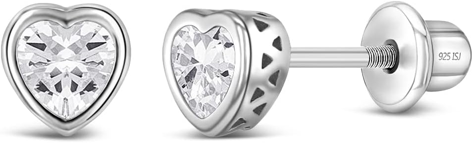 925 Sterling Silver 5Mm Girls CZ Heart Earrings Simulated Birthstone Bezel with Screw Back Stud Baby Earrings - Safety Screw Back for Toddlers - Quality Heart Cubic Zirconia Earrings for Kids