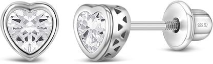 925 Sterling Silver 5Mm Girls CZ Heart Earrings Simulated Birthstone Bezel with Screw Back Stud Baby Earrings - Safety Screw Back for Toddlers - Quality Heart Cubic Zirconia Earrings for Kids