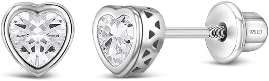 925 Sterling Silver 5Mm Girls CZ Heart Earrings Simulated Birthstone Bezel with Screw Back Stud Baby Earrings - Safety Screw Back for Toddlers - Quality Heart Cubic Zirconia Earrings for Kids