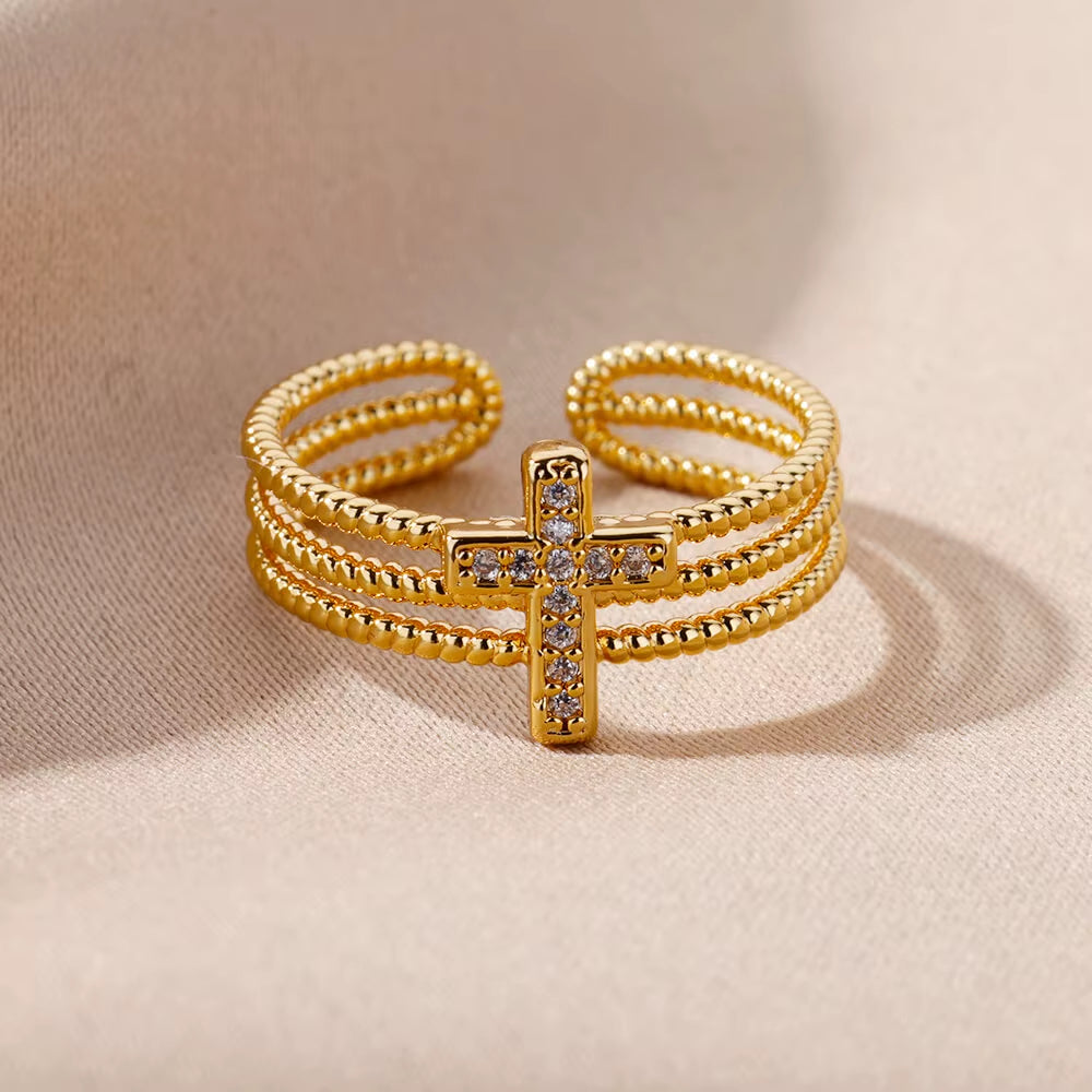 New in Zircon Cross Rings for Women Adjustable Stainless Steel Cross Ring Femme Design Luxury Wedding Jewerly Gift 2025 Anillos