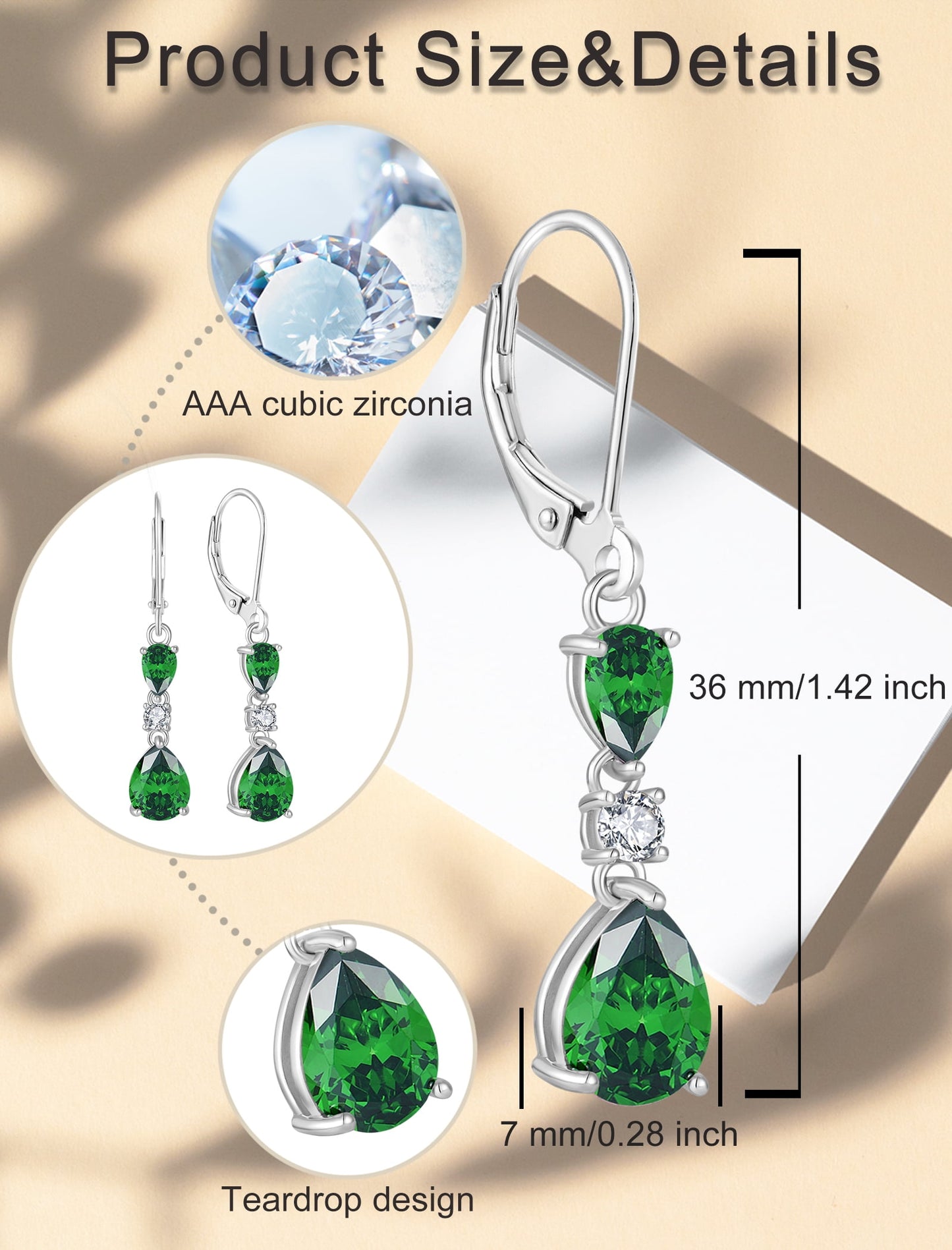 925 Sterling Silver Teardrop Earrings with 7X9Mm Created Emerald Birthstones, Dangle Earrings with Leverback for Women Jewelry Gifts