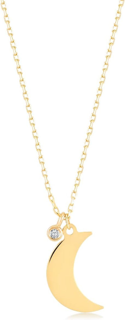 14K Solid Gold Diamond Half Moon Necklace for Women
