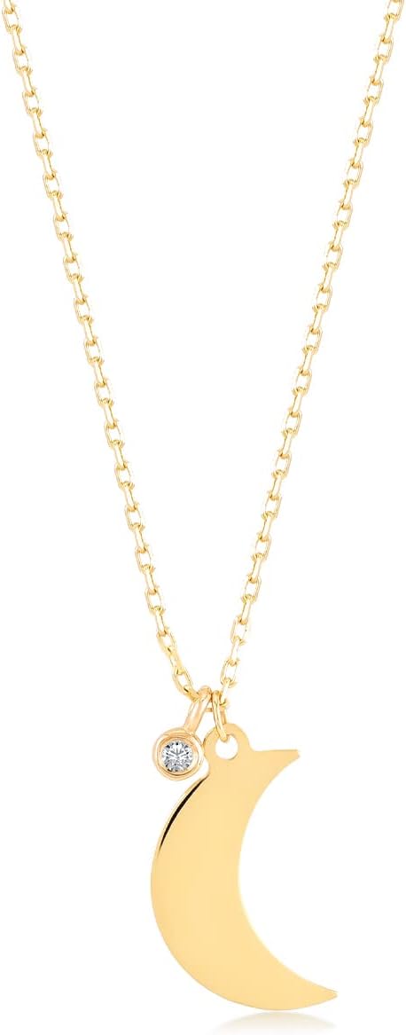14K Solid Gold Diamond Half Moon Necklace for Women