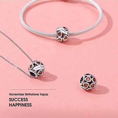 Birthstone Charms 925 Sterling Silver Love Heart Openwork Bead for Charm Bracelets and Necklaces with 5A Cubic Zirconia, Birthday Mothers Day Jewelry Gifts Women