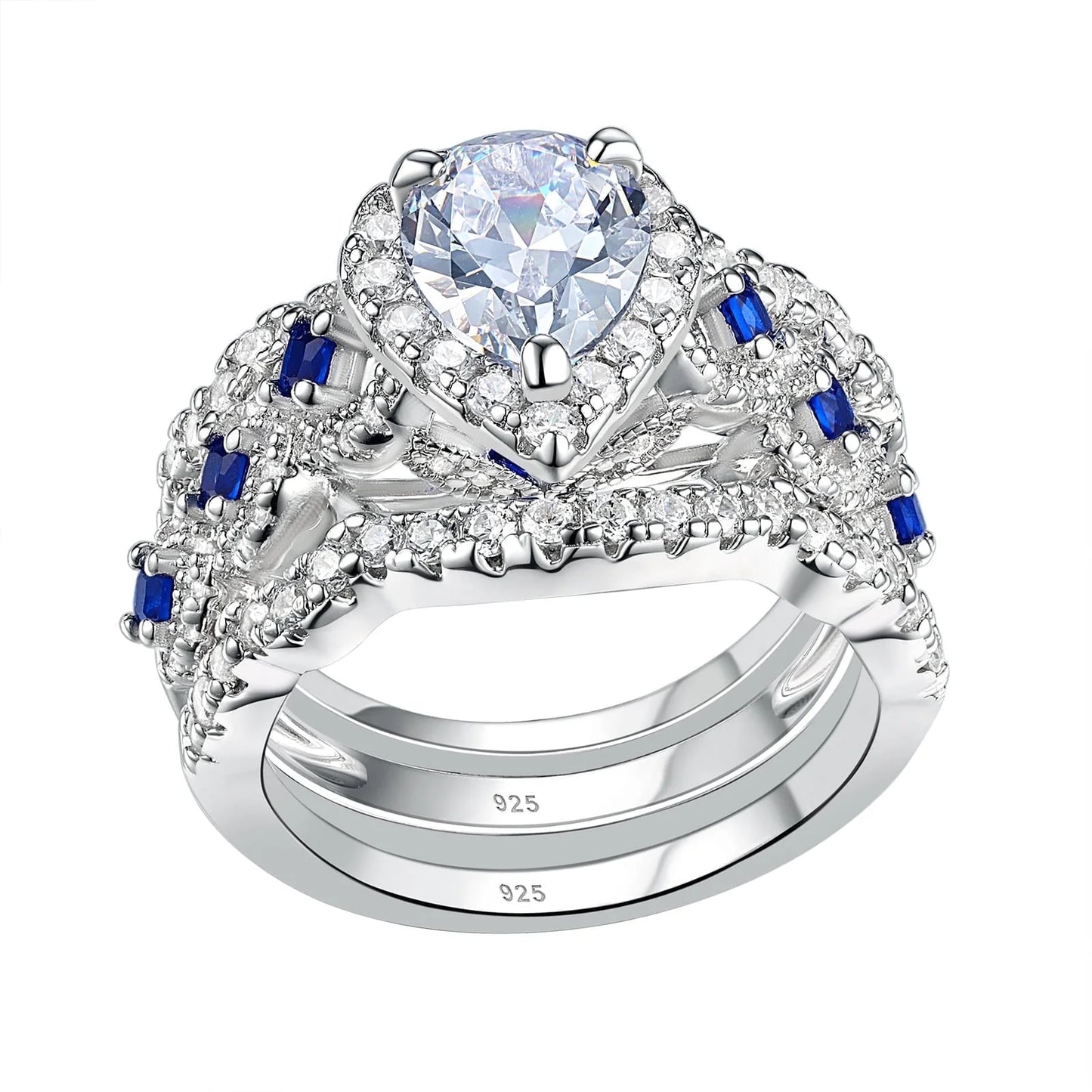 Engagement Wedding Ring Set Rings for Women 925 Sterling Silver 3Pcs 2.5Ct Pear White Cz Blue Size 7