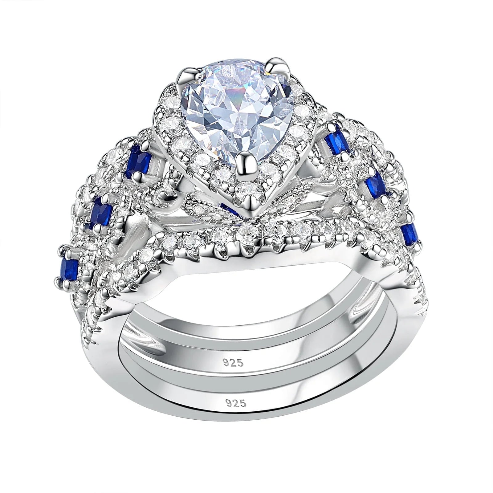 Engagement Wedding Ring Set Rings for Women 925 Sterling Silver 3Pcs 2.5Ct Pear White Cz Blue Size 7