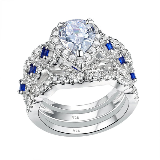 Engagement Wedding Ring Set Rings for Women 925 Sterling Silver 3Pcs 2.5Ct Pear White Cz Blue Size 7