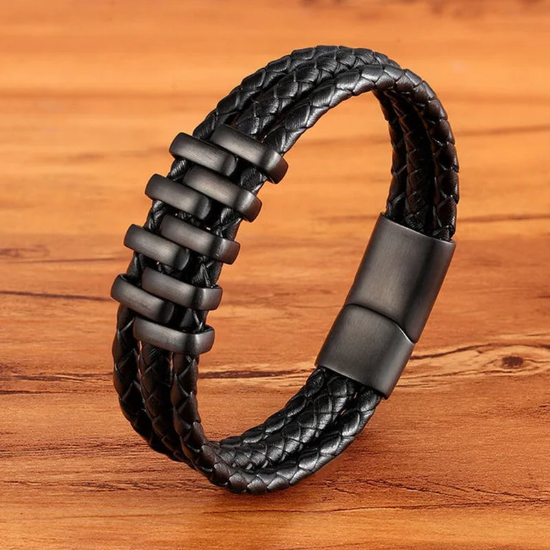 Braided Rope Wrap Leather Bracelets for Men Bangles Fashion Male Women Charm Stainless Steel Clasp Jewelry DIY Customization