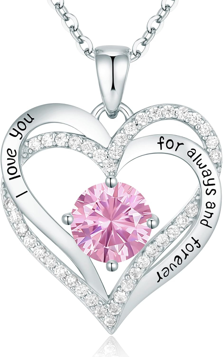 Forever Love Heart Necklaces for Women, Wedding Anniversary, Birthday Mothers Day Gifts for Mom, Mother, Wife, Girlfriend, S925 Silver Jewelry with Birthstone Pendant