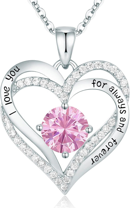 Forever Love Heart Necklaces for Women, Wedding Anniversary, Birthday Mothers Day Gifts for Mom, Mother, Wife, Girlfriend, S925 Silver Jewelry with Birthstone Pendant