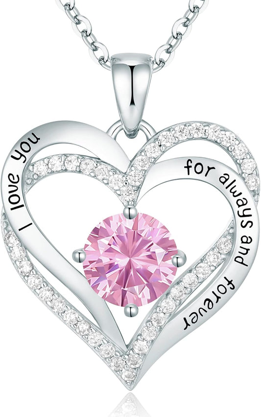 Forever Love Heart Necklaces for Women, Wedding Anniversary, Birthday Mothers Day Gifts for Mom, Mother, Wife, Girlfriend, S925 Silver Jewelry with Birthstone Pendant