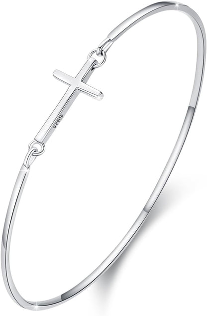 Womens Cross Bangle Bracelet 925 Sterling Silver Infinity Cross Bracelet Fashion Layer Bracelets Christian Religious Bracelet Jewelry Gifts