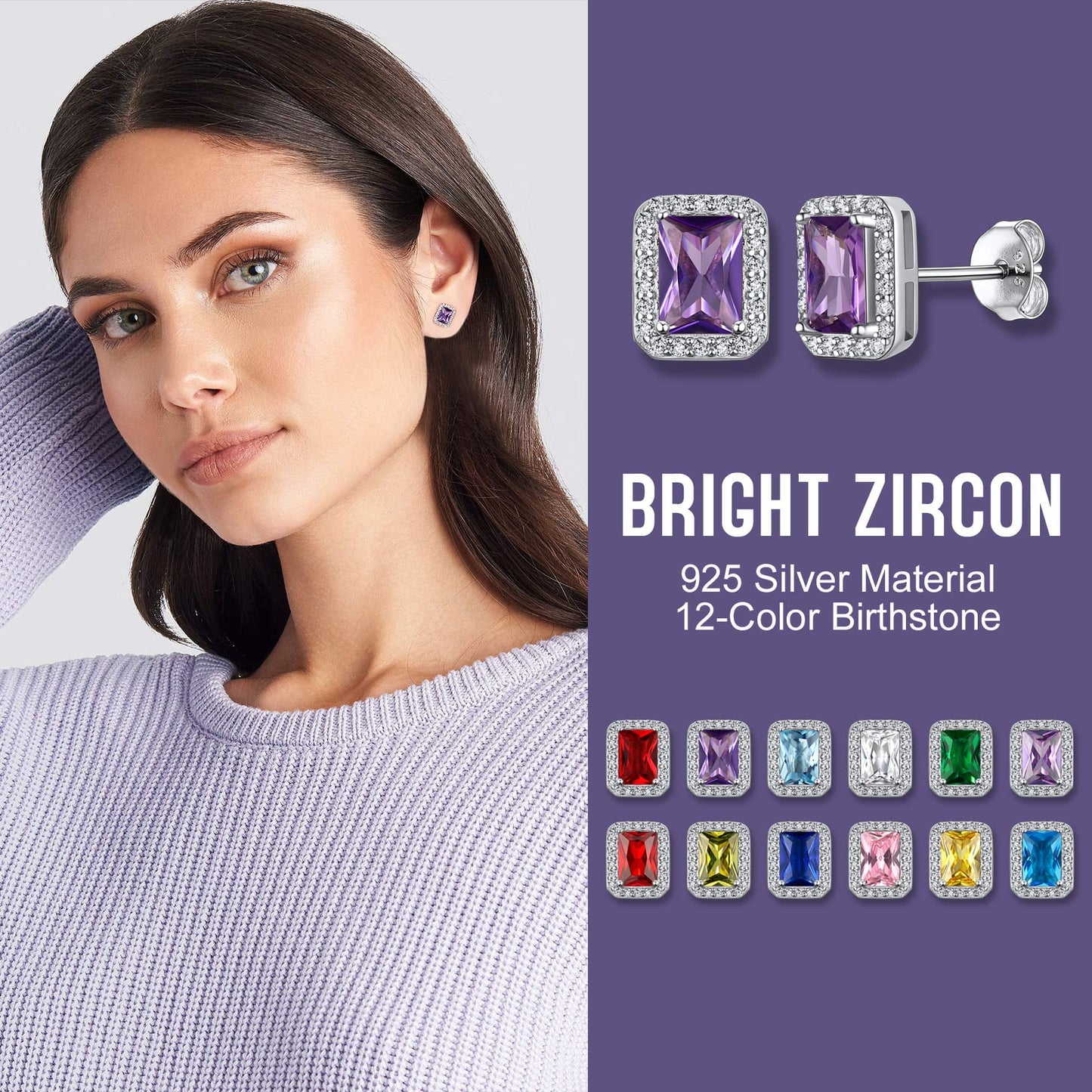 Square Diamond Stud Earrings February Amethyst Birthstone Earrings, Sterling Silver Earrings Birthday Jewelry Gift for Women
