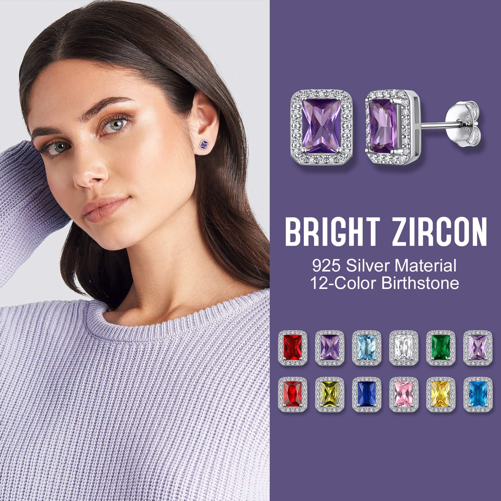Square Diamond Stud Earrings February Amethyst Birthstone Earrings, Sterling Silver Earrings Birthday Jewelry Gift for Women