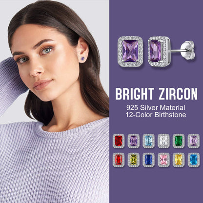 Square Diamond Stud Earrings February Amethyst Birthstone Earrings, Sterling Silver Earrings Birthday Jewelry Gift for Women