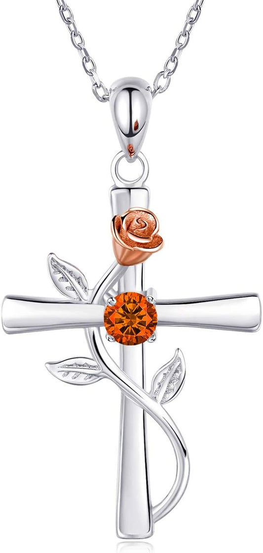 Cross Necklace for Women 925 Sterling Silver Birthstone Necklace for Womens Cross Pendant 5A Cubic Zirconia 12 Birth Months Birthday Gifts for Women Wife Her
