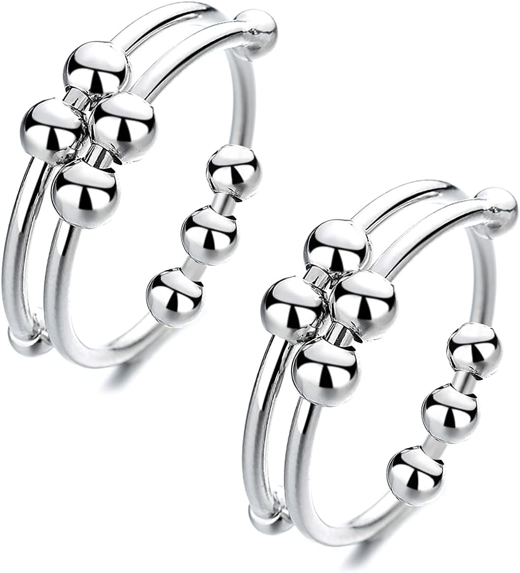Silver Adjustable Fidget Rings, Anxiety Relief Ring, Anti-Worry Bead Rings Spinner Ring Gift for Women Men