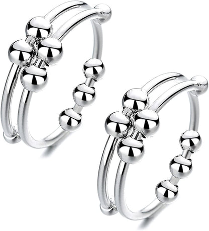 Silver Adjustable Fidget Rings, Anxiety Relief Ring, Anti-Worry Bead Rings Spinner Ring Gift for Women Men