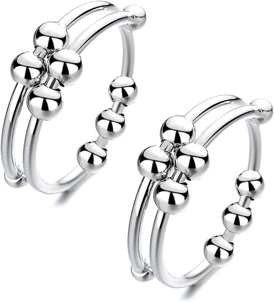 Silver Adjustable Fidget Rings, Anxiety Relief Ring, Anti-Worry Bead Rings Spinner Ring Gift for Women Men