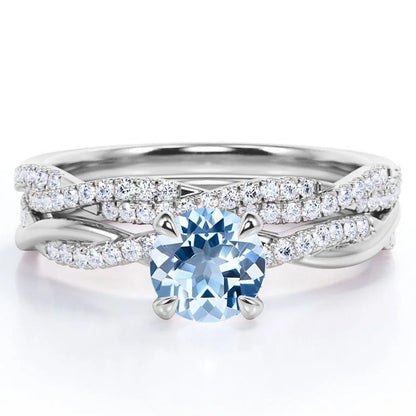 Twisted Pave - 1.75 Carat round Shaped Vivid Blue Created Aquamarine and Moissanite - Four Prong Wedding Set - 18K White Gold Plating over Silver