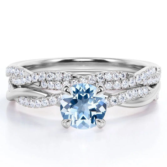 Twisted Pave - 1.75 Carat round Shaped Vivid Blue Created Aquamarine and Moissanite - Four Prong Wedding Set - 18K White Gold Plating over Silver