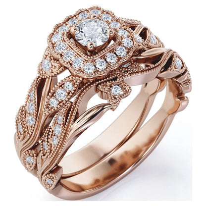 round Diamond - Edwardian Diamond Filigree Ring - Art Deco Style - Wedding Ring Set in 10K Rose Gold