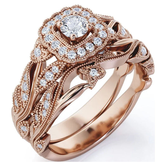 round Diamond - Edwardian Diamond Filigree Ring - Art Deco Style - Wedding Ring Set in 10K Rose Gold