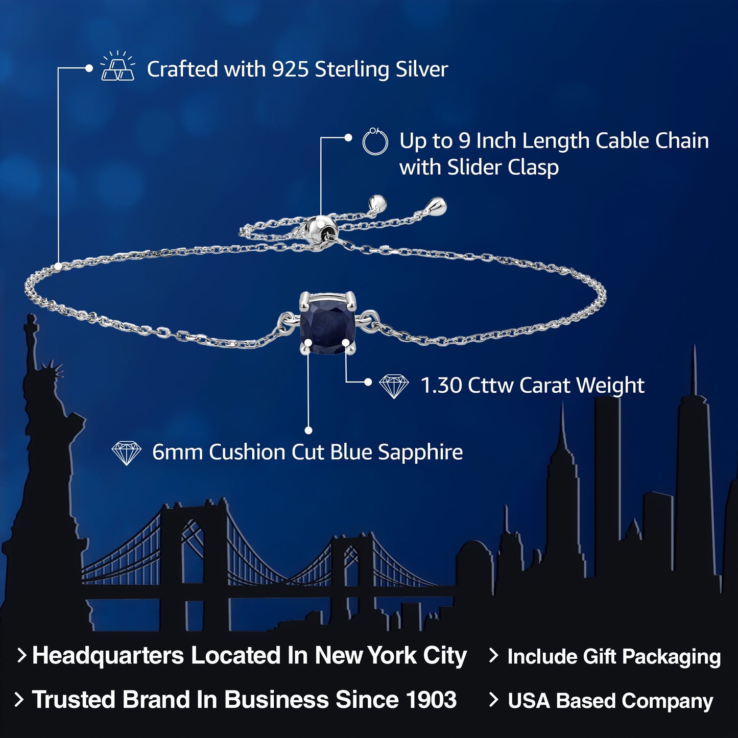 925 Sterling Silver Blue Sapphire Solitaire Bracelet for Women | 1.30 Cttw | Cushion 6MM | Gemstone September Birthstone | Fully Adjustable up to 9 Inch