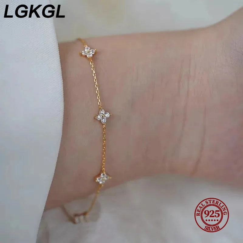 925 Sterling Silver Four-Leaf Clover Zircon Starry 18K Gold Bracelets Women'S Commuting Adjustable Chains Bracelet Jewelry